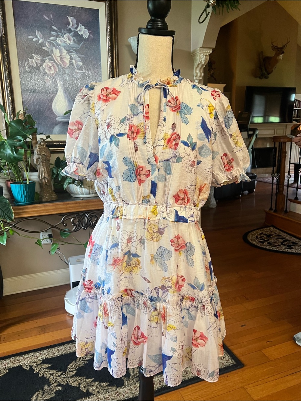 Floral Tie-Neck Puff Sleeve Mini Dress - White with Blue, Pink & Yellow Floral